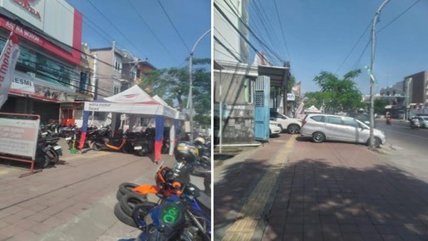 Trotoar di Jalan Poros Sultan Hasanuddin, Gowa, disalahgunakan untuk tenda usaha dan parkir kendaraan, mengganggu hak pejalan kaki.