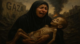 Foto ilustrasi – Seorang ibu di Gaza menangis pilu sambil memeluk jasad anaknya yang kurus kering akibat kelaparan.