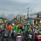 Ratusan driver ojek online yang tergabung dalam Gabungan Ojek Roda Dua Medan Sekitarnya (Godams) menggelar aksi solidaritas di Mapolda Sumut