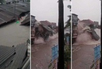 Foto tangkapan layar video – Rumah di Jalan Pulau Biak, Denpasar, Bali, terendam banjir hingga nyaris menyentuh atap, dan bangunan di Jalan Hasanuddin, Denpasar, Bali, ambruk diterjang arus. (Foto kolase)