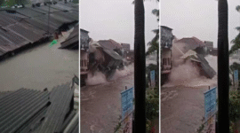 Foto tangkapan layar video – Rumah di Jalan Pulau Biak, Denpasar, Bali, terendam banjir hingga nyaris menyentuh atap, dan bangunan di Jalan Hasanuddin, Denpasar, Bali, ambruk diterjang arus. (Foto kolase)