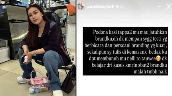 Foto kolase – Owner MJB Skincare, Paramita Irfan (kiri), dan unggahan Story Instagram miliknya yang menuai kontroversi (kanan).