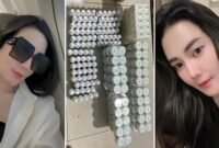 Foto kolase—Nadine Iyrene, owner SW Glow’s, di sisi kiri dan kanan; tumpukan produk SW Glow’s kemasan hijau-putih di tengah yang masih diperjualbelikan meski telah masuk daftar peringatan BPOM.