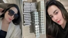 Foto kolase—Nadine Iyrene, owner SW Glow’s, di sisi kiri dan kanan; tumpukan produk SW Glow’s kemasan hijau-putih di tengah yang masih diperjualbelikan meski telah masuk daftar peringatan BPOM.