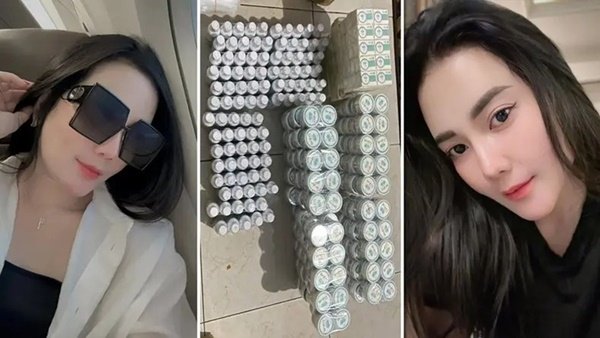 Foto kolase—Nadine Iyrene, owner SW Glow’s, di sisi kiri dan kanan; tumpukan produk SW Glow’s kemasan hijau-putih di tengah yang masih diperjualbelikan meski telah masuk daftar peringatan BPOM.