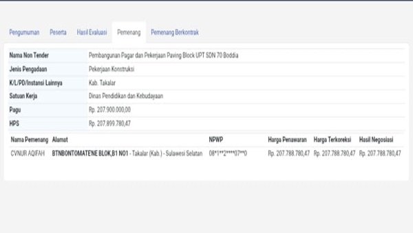 LPSE pekerjaan pembangunan pagar dan paving block di SDN 70 Boddia dengan nilai anggaran sekitar Rp207 juta pada Tahun Anggaran 2025