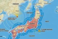 Peta lokasi gempa 7,6 M di Aomori beserta area pesisir Jepang yang masuk dalam peringatan tsunami hingga 3 meter. (Ilustrasi)