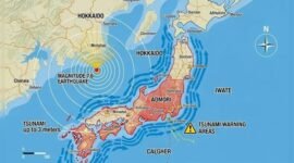 Peta lokasi gempa 7,6 M di Aomori beserta area pesisir Jepang yang masuk dalam peringatan tsunami hingga 3 meter. (Ilustrasi)