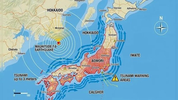 Peta lokasi gempa 7,6 M di Aomori beserta area pesisir Jepang yang masuk dalam peringatan tsunami hingga 3 meter. (Ilustrasi)