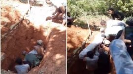 Warga bersama keluarga almarhum membongkar makam Daeng Akil di Desa Salama, Kecamatan Sabbang, Luwu Utara, untuk proses pemindahan jenazah setelah 28 tahun dimakamkan. Jasad yang diangkat dari liang lahat tampak masih utuh dan tetap terbungkus kain kafan yang bersih. (Foto kolase)