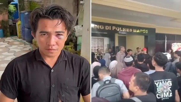 Kondisi pemuda berinisial A (25) dengan lebam di wajah usai diduga dikeroyok oknum polisi, serta suasana keluarga korban dan warga saat mendatangi Mapolres Maros untuk meminta kejelasan dan pertanggungjawaban atas insiden tersebut, Kamis (1/1/2026). (Foto kolase)