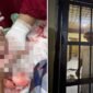 Foto close-up penanganan medis pada luka tebas serius di telapak tangan kiri Hz. Di sebelah kanan, foto menunjukkan Hz, seorang tokoh masyarakat dengan kemeja dan peci putih, berdiri di dalam sel tahanan Polsek. (Kolase)