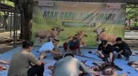 Sejumlah karyawan dan manajemen MaxOne Hotel & Resort Makassar bergotong royong memotong dan mengemas daging kurban untuk dibagikan kepada warga sekitar dalam rangka Hari Raya Idul Adha 1447 Hijriah, Rabu (27/5/2026).