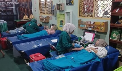 Suasana pelaksanaan donor darah yang digelar Bunda Pustaka SD Negeri Borong bersama PMI Kota Makassar di Perpustakaan SD Negeri Borong, Jumat (26/6/2026).