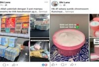 Tangkapan layar akun Facebook owner Dhi Lana yang memperlihatkan unggahan promosi produk handbody (HB) serta foto tumpukan uang tunai. (Foto: Kolase)