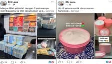 Tangkapan layar akun Facebook owner Dhi Lana yang memperlihatkan unggahan promosi produk handbody (HB) serta foto tumpukan uang tunai. (Foto: Kolase)