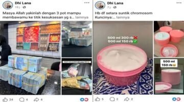 Tangkapan layar akun Facebook owner Dhi Lana yang memperlihatkan unggahan promosi produk handbody (HB) serta foto tumpukan uang tunai. (Foto: Kolase)