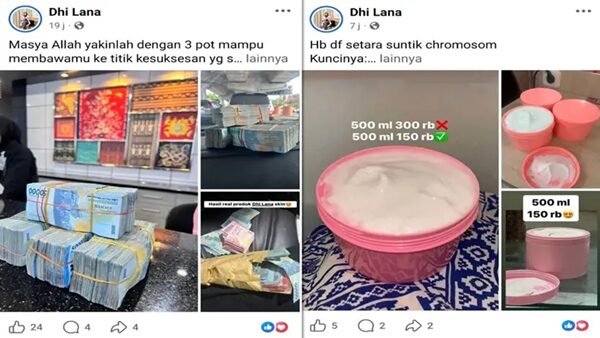 Tangkapan layar akun Facebook owner Dhi Lana yang memperlihatkan unggahan promosi produk handbody (HB) serta foto tumpukan uang tunai. (Foto: Kolase)