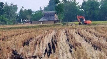 Sebuah ekskavator terlihat berada di area persawahan di Dusun Ciniayo, Desa Pannyangkalang, Kabupaten Gowa.