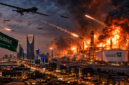 Ilustrasi serangan rudal dan drone di Riyadh yang memicu kebakaran hebat di kompleks kilang minyak Arab Saudi, menggambarkan eskalasi konflik Houthi–Saudi. (Visual AI)
