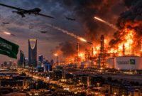 Ilustrasi serangan rudal dan drone di Riyadh yang memicu kebakaran hebat di kompleks kilang minyak Arab Saudi, menggambarkan eskalasi konflik Houthi–Saudi. (Visual AI)