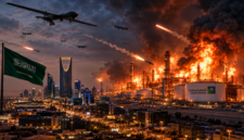 Ilustrasi serangan rudal dan drone di Riyadh yang memicu kebakaran hebat di kompleks kilang minyak Arab Saudi, menggambarkan eskalasi konflik Houthi–Saudi. (Visual AI)