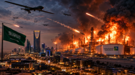 Ilustrasi serangan rudal dan drone di Riyadh yang memicu kebakaran hebat di kompleks kilang minyak Arab Saudi, menggambarkan eskalasi konflik Houthi–Saudi. (Visual AI)