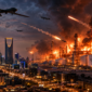 Ilustrasi serangan rudal dan drone di Riyadh yang memicu kebakaran hebat di kompleks kilang minyak Arab Saudi, menggambarkan eskalasi konflik Houthi–Saudi. (Visual AI)