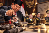 Presiden Prabowo Subianto mengatur bidak catur yang melambangkan pergeseran sejumlah pejabat dalam reshuffle Kabinet Merah Putih, termasuk Pratikno, Bahlil Lahadalia, Listyo Sigit Prabowo, dan Suyudi Ario Seto. (Visual AI)