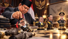 Presiden Prabowo Subianto mengatur bidak catur yang melambangkan pergeseran sejumlah pejabat dalam reshuffle Kabinet Merah Putih, termasuk Pratikno, Bahlil Lahadalia, Listyo Sigit Prabowo, dan Suyudi Ario Seto. (Visual AI)