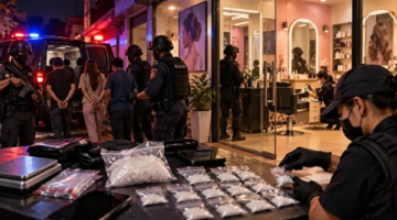 Ilustrasi penggerebekan gudang sabu yang diduga berkedok salon kecantikan di Kelurahan Pampang, Kecamatan Panakkukang, Makassar. Polisi mengamankan empat orang terduga pelaku dan menyita barang bukti sabu seberat 90 gram dalam penggerebekan di sejumlah lokasi (Visual AI).